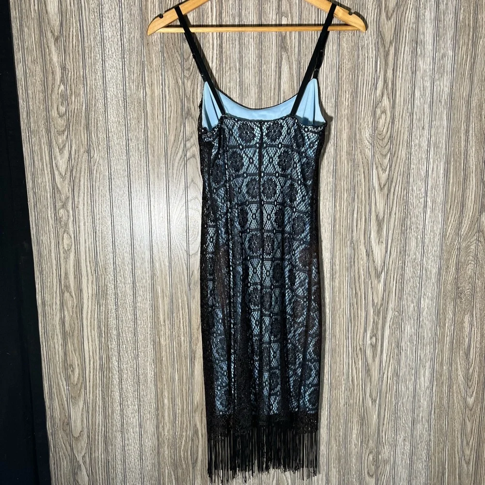 y2k Black Floral Lace Blue Slip Fringe Hem Sleeveless Midi Dress - Picture 4 of 4